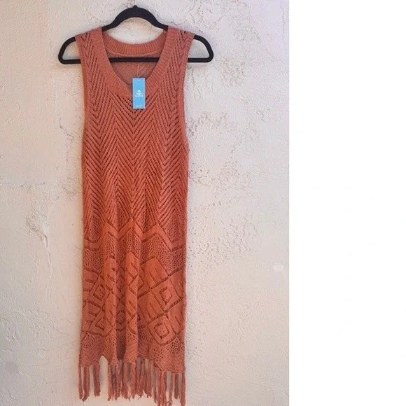 Cupshe NEW Rust Crochet Fringe Mini Dress Festival Mesh Boho Indie Hippie - Picture 3 of 12